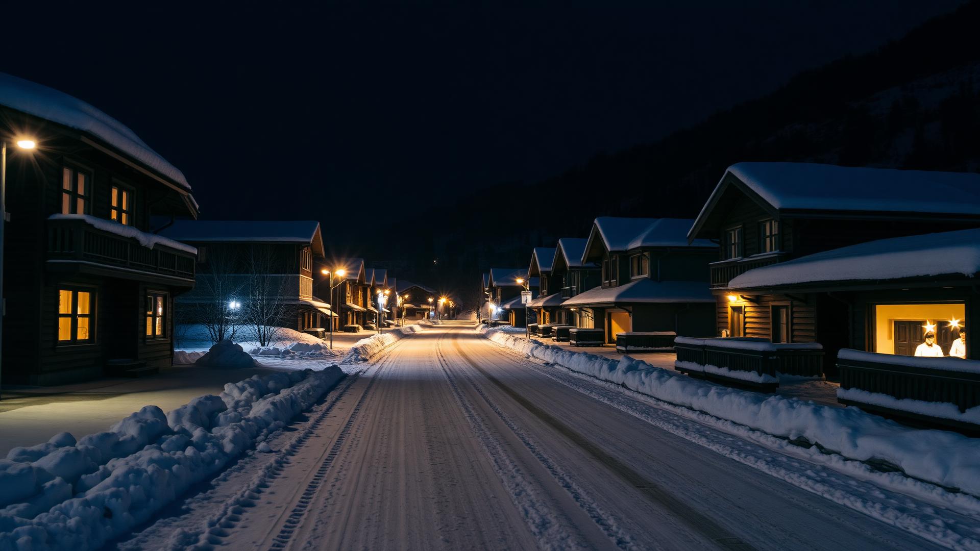 Une rue de village alpin enneigée la nuit, fenêtres allumées