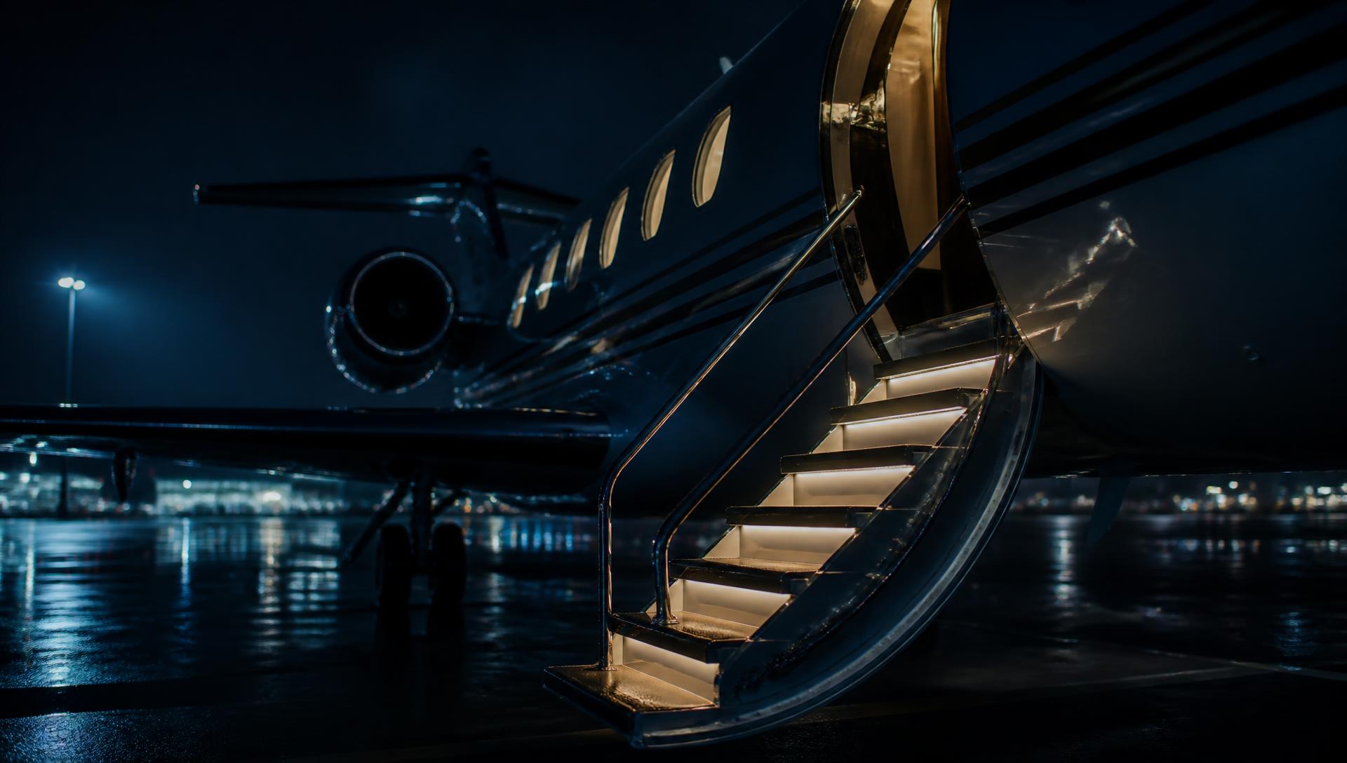 Un avion privé sur un tarmac mouillé, la nuit